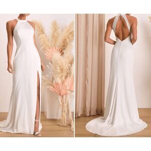 Lulu's White Satin Lace Backless Halter Maxi Formal, wedding Dress S